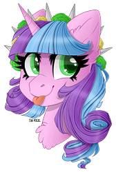 Size: 2012x2987 | Tagged: safe, artist:sk-ree, oc, oc:ivy lush, species:pony, species:unicorn, bust, female, mare, portrait, simple background, solo, tongue out, transparent background