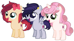 Size: 4932x2750 | Tagged: safe, artist:sweet-psycho-uwu, base used, oc, oc only, oc:apple dance, oc:beauty spirit, oc:speed stroke, parent:apple bloom, parent:button mash, parent:rumble, parent:scootaloo, parent:sweetie belle, parent:tender taps, parents:rumbloo, parents:sweetiemash, parents:tenderbloom, species:earth pony, species:pegasus, species:pony, species:unicorn, female, filly, offspring, simple background, transparent background