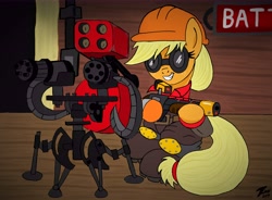 Size: 10300x7600 | Tagged: safe, artist:brekrofmadness, character:applejack, species:pony, absurd resolution, engiejack, engineer, female, rescue ranger, sentry gun, solo, team fortress 2, weapon