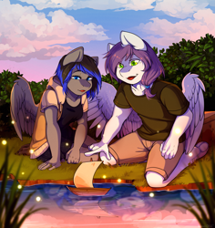 Size: 2457x2601 | Tagged: safe, artist:hakkids2, oc, oc only, species:anthro, species:pegasus, species:pony, species:unguligrade anthro, anthro oc, clothing, grass, high res, hoodie, open mouth, pond, sailboat, scenery, shorts, toy boat, underhoof, water