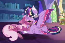 Size: 670x441 | Tagged: safe, artist:superrosey16, base used, character:cheerilee, character:twilight sparkle, character:twilight sparkle (alicorn), species:alicorn, species:pony, ship:cheerilight, book, female, lesbian, prone, rainbow power, shipping