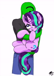Size: 5469x7600 | Tagged: safe, artist:brekrofmadness, character:starlight glimmer, oc, oc:anon, species:pony, absurd resolution, cute, female, holding a pony, hug, mare, simple background, white background