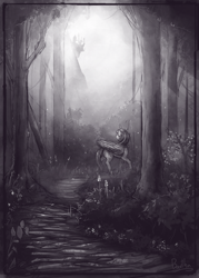 Size: 1980x2769 | Tagged: safe, artist:bantha, character:twilight sparkle, character:twilight sparkle (alicorn), species:alicorn, species:pony, canterlot, crepuscular rays, female, forest, grass, grayscale, mare, monochrome, nature, raised hoof, scenery, solo, trail, tree, walking