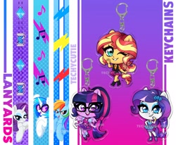 Size: 2048x1686 | Tagged: safe, artist:techycutie, character:dj pon-3, character:rainbow dash, character:rarity, character:sunset shimmer, character:twilight sparkle, character:twilight sparkle (scitwi), character:vinyl scratch, species:alicorn, species:eqg human, species:pony, species:unicorn, g4, my little pony: equestria girls, my little pony:equestria girls, chibi, cute, geode of empathy, geode of shielding, glasses, keychain, lanyard, magical geodes, music notes, ponied up, raribetes, scitwilicorn, shimmerbetes, thread, twiabetes
