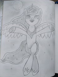 Size: 3016x4032 | Tagged: safe, artist:zeka10000, character:princess luna, species:pony, drawing, flying, happy, happy face, looking up, moon, night, night sky, notebook, pencil drawing, sketch, sky, stars, traditional art, wondering