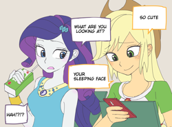 Size: 3534x2613 | Tagged: safe, artist:haibaratomoe, character:applejack, character:rarity, ship:rarijack, g4, my little pony: equestria girls, my little pony:equestria girls, applejack's hat, cellphone, clothing, cowboy hat, creepy, cute, dawwww, dialogue, female, geode of shielding, geode of super strength, gray background, hat, jackabetes, juice, juice box, lesbian, love, magical geodes, phone, raribetes, shipping, simple background, speech bubble