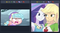 Size: 486x271 | Tagged: safe, artist:haibaratomoe, edit, screencap, character:applejack, character:cozy glow, character:rarity, species:pegasus, species:pony, derpibooru, ship:rarijack, episode:frenemies, g4, my little pony: equestria girls, my little pony: friendship is magic, my little pony:equestria girls, clothing, cozy glow is best facemaker, cozy glow is not amused, cute, female, filly, foal, geode of shielding, geode of super strength, gray background, hat, haters gonna hate, jackabetes, juxtaposition, juxtaposition win, lesbian, magical geodes, meme, meta, raribetes, shipping, simple background