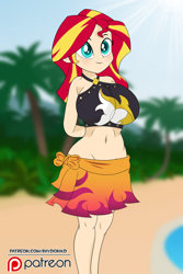 Size: 800x1197 | Tagged: safe, artist:raydonxd, character:sunset shimmer, g4, my little pony: equestria girls, my little pony:equestria girls, adorasexy, beach, beautiful, belly button, big breasts, bikini, bikini top, breasts, busty sunset shimmer, clothing, commission, cute, female, forest, huge breasts, human coloration, moe, no panties, ocean, patreon, patreon logo, sarong, sexy, shimmerbetes, skirt, smiley face, solo, summer sunset, swimsuit
