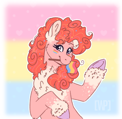 Size: 768x745 | Tagged: safe, artist:wanderingpegasus, character:pinkie pie, species:earth pony, species:pony, chest fluff, cute, diapinkes, female, headcanon, lgbt, lgbt headcanon, mare, mouth hold, pan pinkie pie, pansexual, pansexual pride flag, pride, pride flag, sexuality headcanon