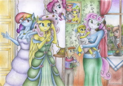 Size: 3494x2441 | Tagged: safe, artist:sinaherib, character:big mcintosh, character:button mash, character:fluttershy, character:opalescence, character:pinkie pie, character:rainbow dash, character:sweetie belle, oc, oc:snow blossom, oc:summer wind, parent:big macintosh, parent:fluttershy, parents:fluttermac, species:anthro, ship:fluttermac, clothing, dress, female, male, offspring, older, shipping, straight, telephone, traditional art, wedding dress, wedding photo