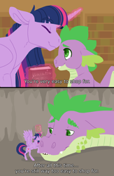 Size: 2480x3800 | Tagged: safe, artist:jackiebloom, character:spike, character:twilight sparkle, character:twilight sparkle (alicorn), species:alicorn, species:dragon, species:pony, adopted offspring, adult, adult spike, book, eyes closed, female, kissing, magic, magic aura, male, mama twilight, mare, mother's day, nuzzling, older, older spike, size difference, telekinesis