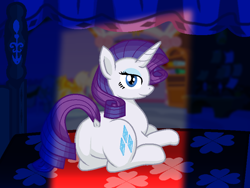 Size: 800x600 | Tagged: safe, alternate version, artist:zeka10000, character:rarity, species:pony, species:unicorn, bed, bedroom, bedroom eyes, boutique, butt, carousel boutique, dock, light, looking at you, looking back, looking back at you, lying down, night, on bed, plot, prone, rearity