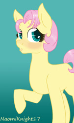 Size: 800x1326 | Tagged: safe, artist:naomiknight17, character:fluttershy, species:pony, alternate hairstyle, blushing, female, gradient background, looking at you, mare, missing cutie mark, raised hoof, short hair, solo, wingless