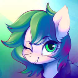Size: 512x512 | Tagged: safe, artist:lunarmarshmallow, oc, oc only, oc:dankflank, species:earth pony, species:pony, abstract background, bust, earth pony oc, one eye closed, smiling, solo, wink