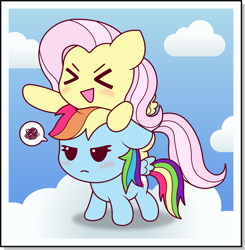 Size: 1956x2000 | Tagged: safe, artist:doctor-g, character:fluttershy, character:rainbow dash, species:pegasus, species:pony, blushing, chibi, cloud, cute, dashabetes, duo, pictogram, ponies riding ponies, rainbow dash is not amused, shyabetes, sky, unamused