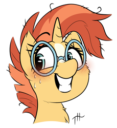 Size: 2748x3000 | Tagged: safe, artist:fakskis, character:sunburst, species:pony, species:unicorn, blushing, chest fluff, cute, female, glasses, grin, horn, mare, messy mane, raised eyebrow, rule 63, rule63betes, simple background, smiling, solo, sunbetes, sunstone (g4 r63 sunburst), sweat, white background