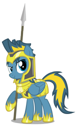 Size: 2736x4446 | Tagged: safe, artist:mrlolcats17, oc, oc only, oc:bolterdash, species:pegasus, species:pony, armor, guard armor, helmet, hoof shoes, hooves, male, royal guard armor, simple background, smiling, solo, spear, stallion, transparent background, vector, weapon, wings