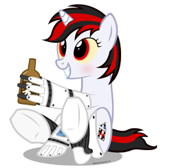 Size: 4000x3910 | Tagged: safe, artist:mrlolcats17, oc, oc only, oc:blackjack, species:pony, species:unicorn, fallout equestria, fallout equestria: project horizons, alcohol, artificial hands, augmented, biohacking, blushing, bottle, cyber legs, cyborg, fanfic, fanfic art, female, grin, hooves, horn, mare, queen whiskey, simple background, sitting, smiling, solo, transparent background, whiskey, wild pegasus