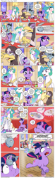 Size: 1200x3853 | Tagged: safe, artist:muffinshire, character:princess celestia, character:twilight sparkle, character:twilight sparkle (unicorn), oc, oc:gisela, species:alicorn, species:griffon, species:pony, species:unicorn, comic:twilight's first day, adorable distress, comic, crown, cute, dialogue, eating, female, filly, filly twilight sparkle, fishbones, food, glasses, handkerchief, hoof shoes, jewelry, magic, mare, noodles, nose blowing, peytral, plate, professor inkwell, regalia, running, scared, speech bubble, spicy, spicy food, table, telekinesis, younger
