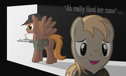 Size: 3792x2292 | Tagged: safe, artist:mrlolcats17, oc, oc only, oc:calamity, oc:calamity's father, species:pegasus, species:pony, fallout equestria, battle saddle, butt, clothing, dashite, duo, fanfic, fanfic art, gun, hat, hooves, i really like her mane, male, neighvarro, open mouth, plot, rifle, saddle bag, spread wings, stallion, weapon, wings