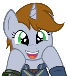 Size: 2850x3200 | Tagged: safe, artist:mrlolcats17, oc, oc only, oc:littlepip, species:pony, species:unicorn, fallout equestria, bust, clothing, cute, fanfic, fanfic art, female, hooves, horn, looking at you, mare, open mouth, pipbuck, simple background, solo, transparent background, vault suit