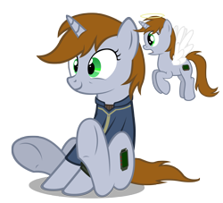 Size: 4192x3806 | Tagged: safe, artist:mrlolcats17, oc, oc only, oc:littlepip, species:pony, species:unicorn, fallout equestria, angel, angel pony, clothing, crazy face, faec, fanfic, fanfic art, female, halo, hooves, horn, mare, original species, pipbuck, shoulder angel, simple background, sitting, smiling, solo, transparent background, vault suit, wings