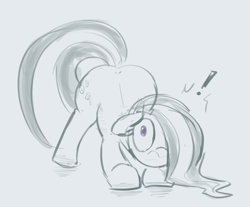 Size: 956x792 | Tagged: safe, artist:comfyplum, character:marble pie, species:earth pony, species:pony, :s, butt, embarrassed, exclamation point, face down ass up, female, hair over one eye, large butt, mare, partial color, plot, sketch, solo, wavy mouth