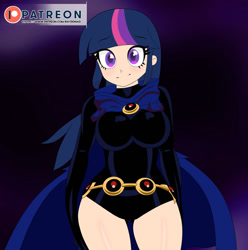 Size: 800x807 | Tagged: safe, artist:raydonxd, character:twilight sparkle, species:human, my little pony:equestria girls, breasts, busty twilight sparkle, clothing, commission, cosplay, costume, crossover, cute, female, humanized, patreon, patreon logo, raven (teen titans), solo, tara strong, twiabetes, twiraven, voice actor joke