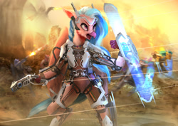 Size: 3508x2480 | Tagged: safe, artist:aidelank, character:silverstream, species:anthro, species:classical hippogriff, species:hippogriff, g4, armor, badass, female, powered exoskeleton, science fiction, solo, solo focus, three quarter view, weapon