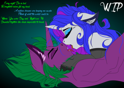 Size: 1920x1365 | Tagged: safe, artist:dimidiummorsumbra, character:rarity, character:spike, ship:sparity, clothing, dialogue, ear fluff, eyes closed, female, kissing, lingerie, male, ponified, ponified spike, shipping, species swap, straight, stupid sexy spike, the greatest showman, tongue out, wip