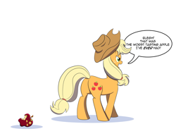 Size: 1493x1150 | Tagged: safe, artist:feralroku, character:applejack, species:pony, spoilers for another series, apple, applejack's hat, behind, butt, clothing, cowboy hat, devil fruit, dialogue, disgusted, female, food, hat, one piece, plot, simple background, smile (devil fruit), solo, speech bubble, this will end in laughs, white background
