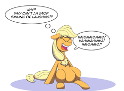 Size: 1545x1135 | Tagged: safe, artist:feralroku, character:applejack, species:pony, spoilers for another series, dialogue, eyes closed, female, laughing, one piece, open mouth, simple background, sitting, solo, speech bubble, thought bubble, white background