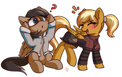 Size: 3550x2229 | Tagged: safe, artist:rivibaes, oc, oc only, oc:coffee creme, oc:quillwright, species:pegasus, species:pony, blushing, clothes swap, clothing, female, glasses, hoodie, mare, ponytail, scribe robe, sitting