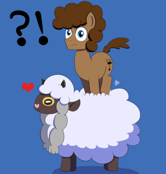 Size: 2190x2300 | Tagged: safe, artist:feralroku, oc, oc:strong runner, species:pony, blue background, crossover, exclamation point, heart, interrobang, pokemon sword and shield, pokémon, question mark, simple background, wooloo