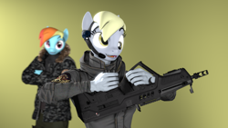 Size: 1920x1080 | Tagged: safe, artist:spinostud, character:derpy hooves, character:rainbow dash, species:anthro, species:pony, 3d, bullpup rifle, clothing, female, gun, mare, source filmmaker, tar21, weapon, you're doing it wrong
