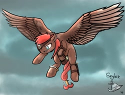 Size: 1920x1460 | Tagged: safe, artist:underwoodart, oc, oc:skylark, species:pegasus, species:pony, angry, eyepatch, flying, mottled coat, nonbinary, pirate, pointing, realistic wings, shiny, simple background, solo, wings
