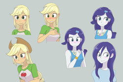 Size: 3264x2176 | Tagged: safe, artist:haibaratomoe, character:applejack, character:rarity, g4, my little pony: equestria girls, my little pony:equestria girls, blushing, clothing, female, simple background, smiling