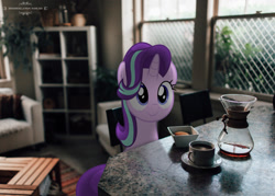 Size: 1192x853 | Tagged: safe, artist:mrlolcats17, character:starlight glimmer, species:pony, species:unicorn, breakfast, coffee, irl, irl pony, morning, photo, ponies in real life, smiling, solo