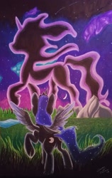 Size: 1280x2019 | Tagged: safe, artist:gleamydreams, character:princess luna, character:tantabus, species:alicorn, species:pony, episode:do princesses dream of magic sheep?, grass, lake, looking away, mountain, night, sky, stars, traditional art