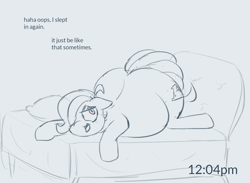 Size: 2057x1506 | Tagged: safe, artist:comfyplum, oc, oc:sleepy treat, species:earth pony, species:pony, bed, chubby, chubby cheeks, dialogue, face down ass up, fat, female, large belly, large butt, looking at you, mare, partial color, prone, sketch, smiling, solo, sploot, the ass was fat, thighs, thunder thighs, wip