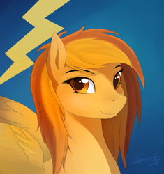 Size: 1500x1596 | Tagged: safe, artist:sierraex, character:spitfire, species:pony, blue background, female, loose hair, simple background, solo