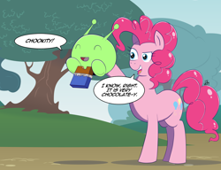 Size: 1500x1150 | Tagged: safe, artist:feralroku, character:pinkie pie, chocolate bar, crossover, dialogue, eyes closed, final space, mooncake (final space), smiling, speech bubble