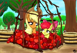 Size: 12600x8600 | Tagged: safe, artist:brekrofmadness, character:apple bloom, character:applejack, species:pony, episode:going to seed, g4, my little pony: friendship is magic, absurd resolution, apple, apple tree, food, male, scene interpretation, trap, trapped, tree
