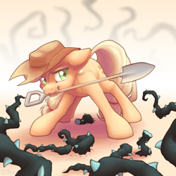 Size: 2000x2000 | Tagged: safe, artist:ohemo, character:applejack, species:earth pony, species:pony, newbie artist training grounds, episode:princess twilight sparkle, g4, my little pony: friendship is magic, female, mare, mouth hold, plunder seeds, shovel, solo, vine