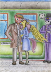 Size: 2456x3499 | Tagged: safe, artist:sinaherib, character:big mcintosh, character:fluttershy, oc, species:anthro, species:plantigrade anthro, ship:fluttermac, clothing, female, hat, jacket, kissing, male, pants, pantyhose, shipping, shoes, skirt, straight, traditional art, train