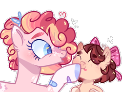Size: 1200x911 | Tagged: safe, artist:jxst-alexa, base used, character:pinkie pie, oc, oc:cheesecake strawberry, parent:cheese sandwich, parent:pinkie pie, parents:cheesepie, species:pony, baby, baby pony, boop, offspring, simple background, transparent background