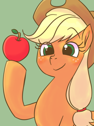 Size: 2448x3264 | Tagged: safe, artist:haibaratomoe, character:applejack, species:earth pony, species:pony, apple, clothing, cowboy hat, cute, eye clipping through hair, female, food, green background, hat, high res, jackabetes, mare, simple background, solo