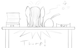 Size: 1117x698 | Tagged: safe, artist:stillwaterspony, species:pony, newbie artist training grounds, ambiguous gender, ambiguous species, atg 2019, desk, headdesk, lineart, quill, rough, sketch