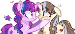 Size: 1280x582 | Tagged: safe, artist:jxst-alexa, oc, oc only, oc:athena, oc:loveless spells, species:pony, species:unicorn, blushing, eye contact, female, freckles, heart, horn freckles, looking at each other, mare, squishy cheeks