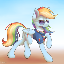 Size: 2000x2000 | Tagged: safe, artist:ohemo, character:rainbow dash, species:pegasus, species:pony, newbie artist training grounds, atg 2019, clothes swap, clothing, female, lifted leg, looking at you, mare, raised hoof, smiling, solo, sunglasses, uniform, whistle, whistle necklace, wonderbolts dress uniform, wonderbolts uniform